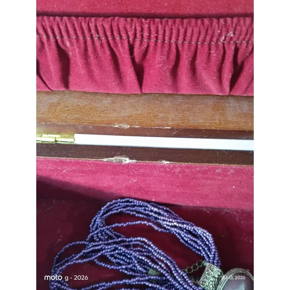 Vintage Wood Jewelry Chest Removable Tray Red Velvet Lining Brass Hardware